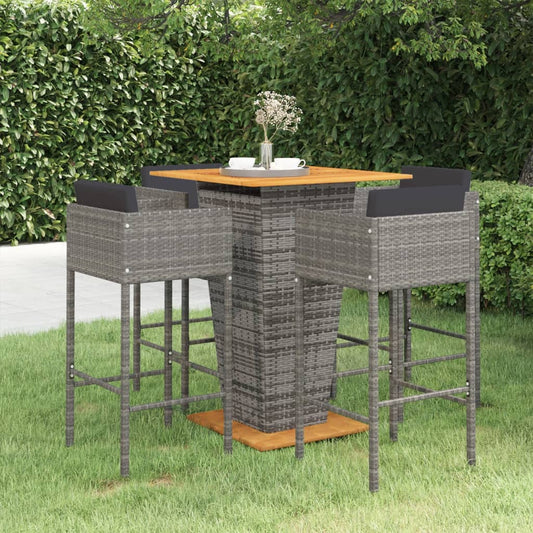 5-piece garden bar set with cushions, poly rattan, grey