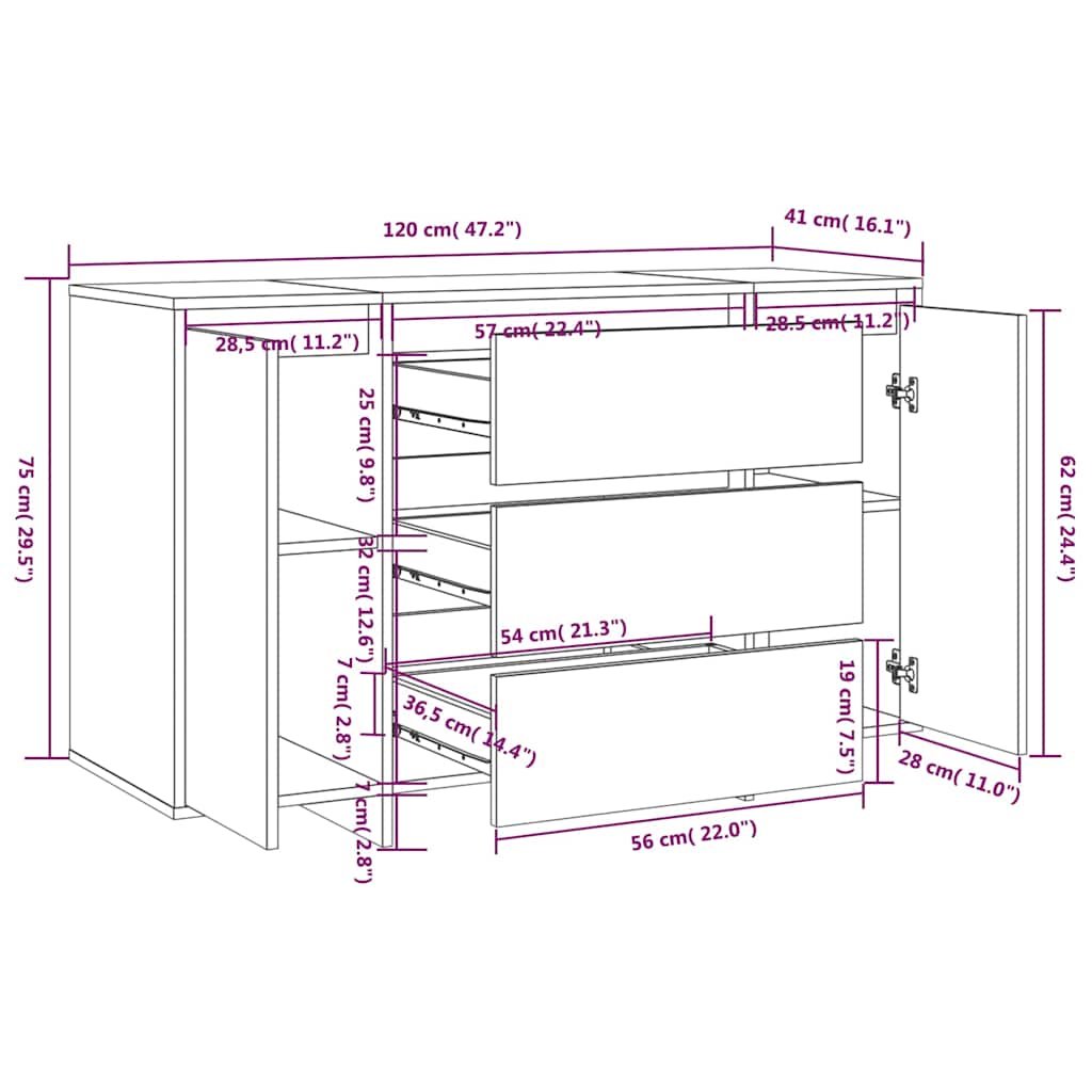 Sideboard mit 3 Schubladen Schwarz 120x41x75 cm Holzwerkstoff