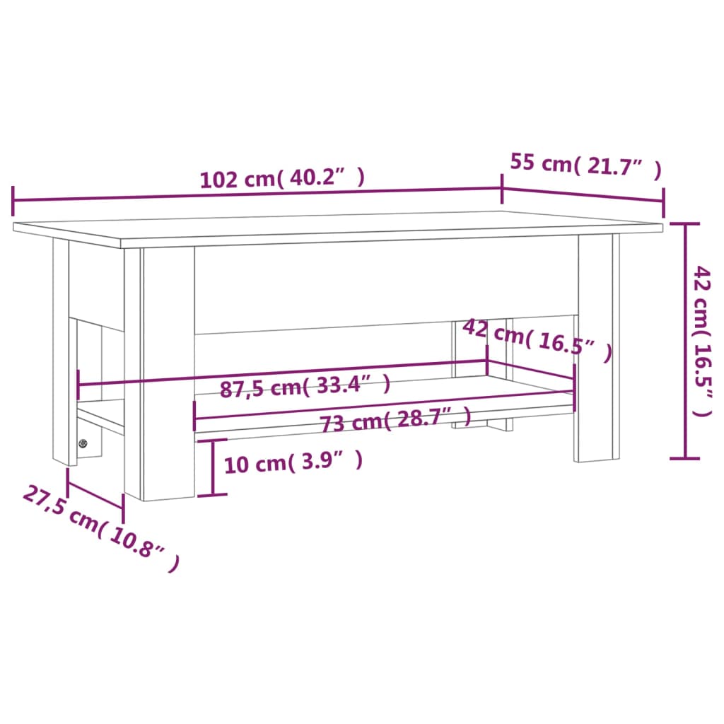 Table basse blanche 102x55x42 cm en bois