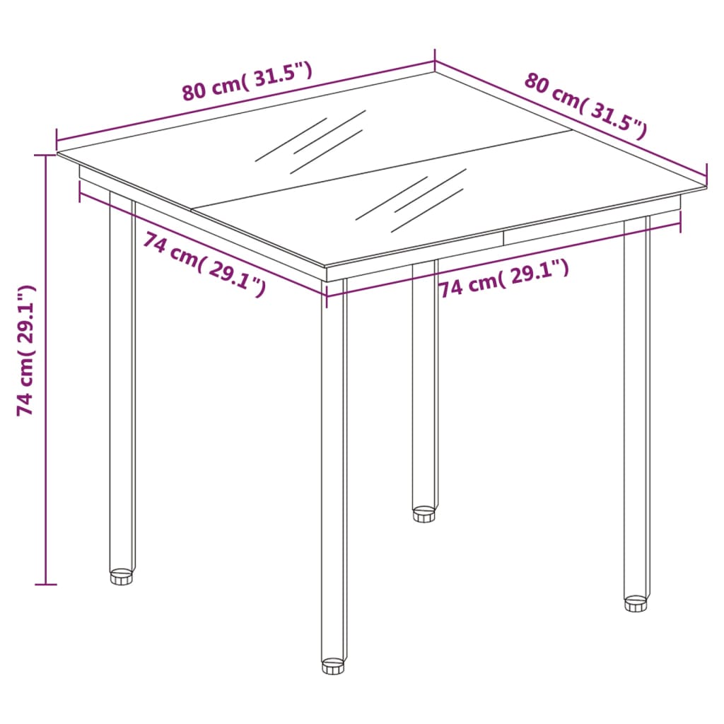 Garden dining table black 80x80x74 cm steel and glass