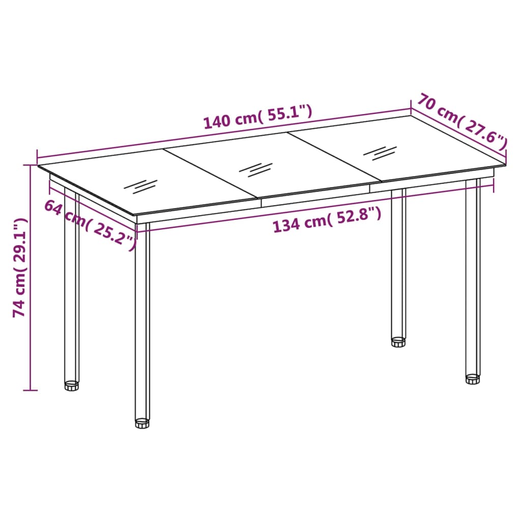 Table à manger de jardin noire 140x70x74 cm acier et verre