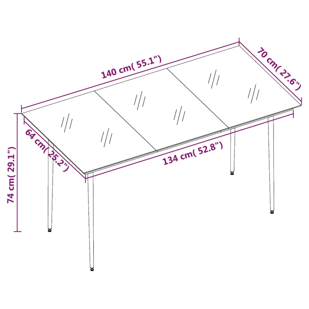 Table à manger de jardin noire 140x70x74 cm acier et verre