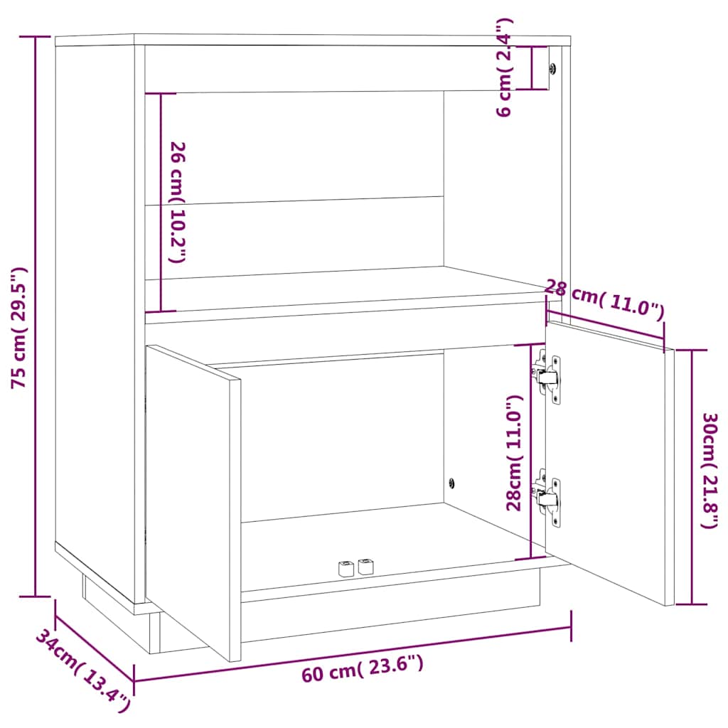 Sideboard Weiß 60x34x75 cm Massivholz Kiefer