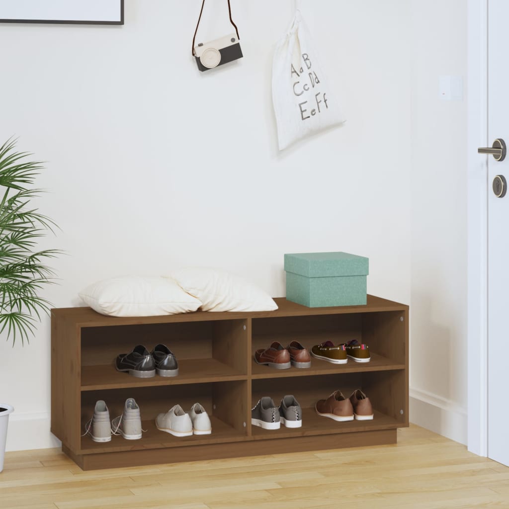 Étagère à chaussures marron miel 110x34x45 cm en bois de pin massif