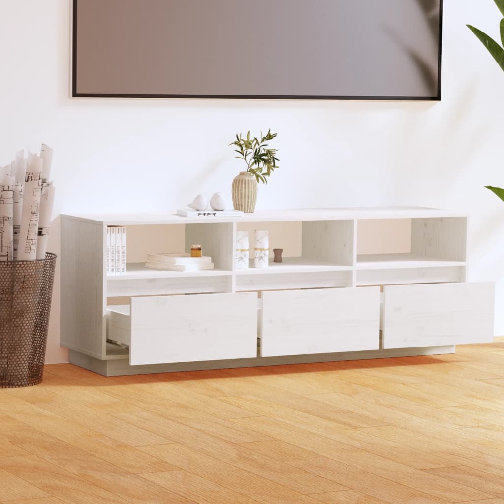 Meuble TV blanc 140x37x50 cm en bois de pin massif