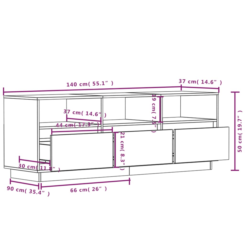 Meuble TV blanc 140x37x50 cm en bois de pin massif