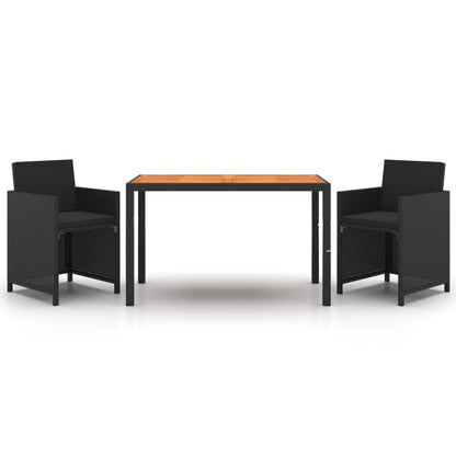 3-tlg. Garten-Essgruppe mit Kissen Poly Rattan Schwarz