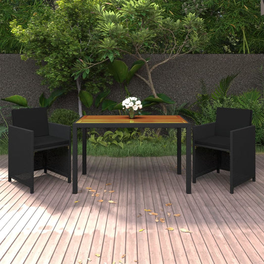 3-tlg. Garten-Essgruppe mit Kissen Poly Rattan Schwarz