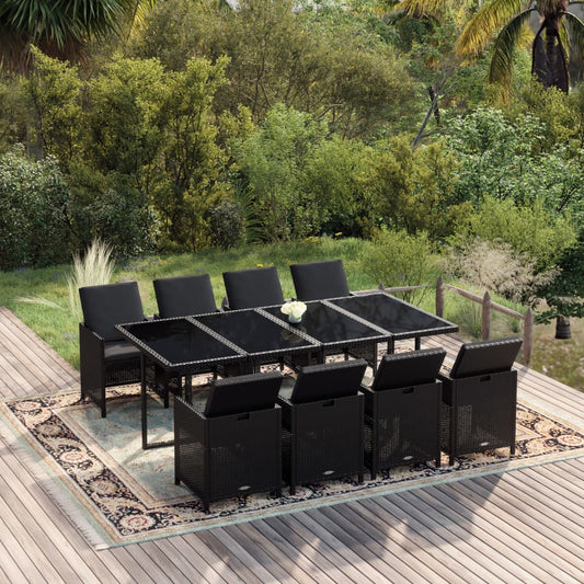 9-tlg. Garten-Essgruppe mit Kissen Poly Rattan Schwarz