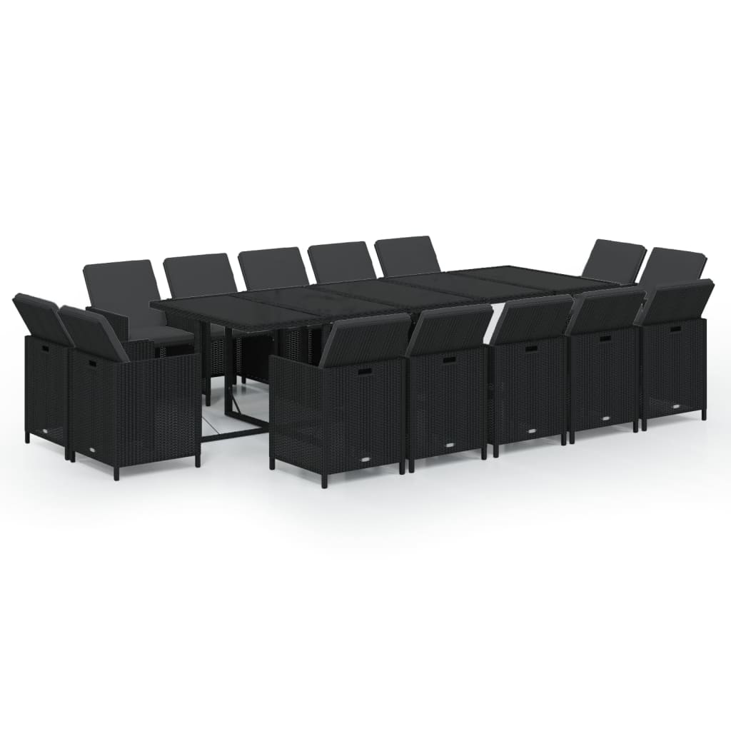 15-tlg. Garten-Essgruppe mit Kissen Poly Rattan Schwarz