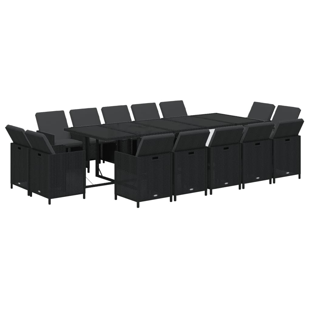 15-tlg. Garten-Essgruppe mit Kissen Poly Rattan Schwarz