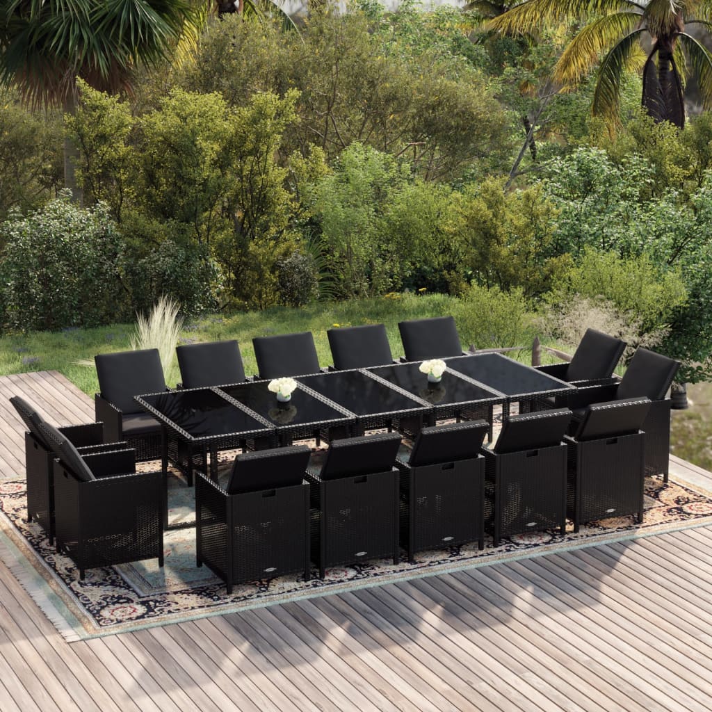 15-tlg. Garten-Essgruppe mit Kissen Poly Rattan Schwarz