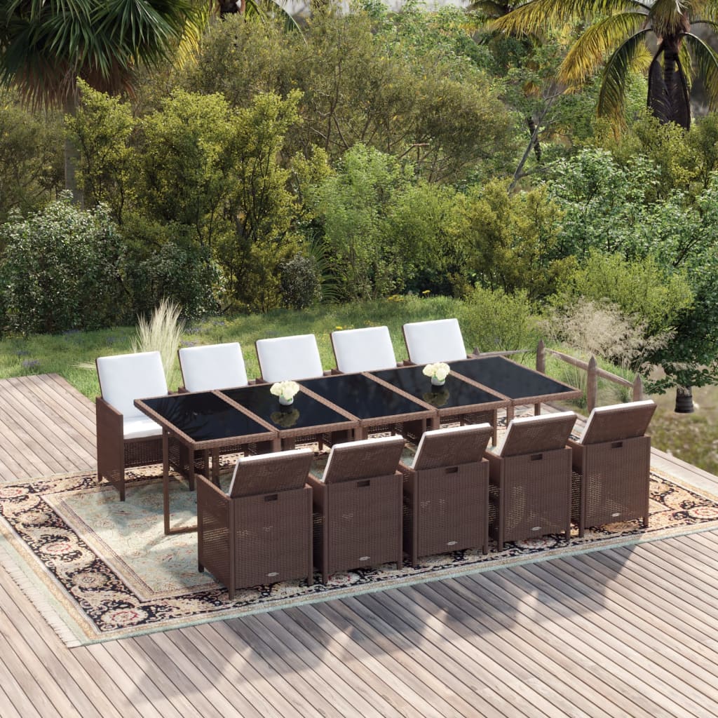 11-tlg. Garten-Essgruppe mit Kissen Poly Rattan Braun