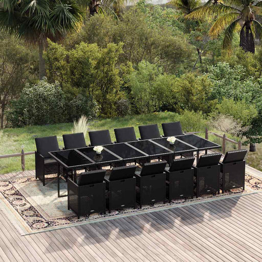 13-tlg. Garten-Essgruppe mit Kissen Poly Rattan Schwarz
