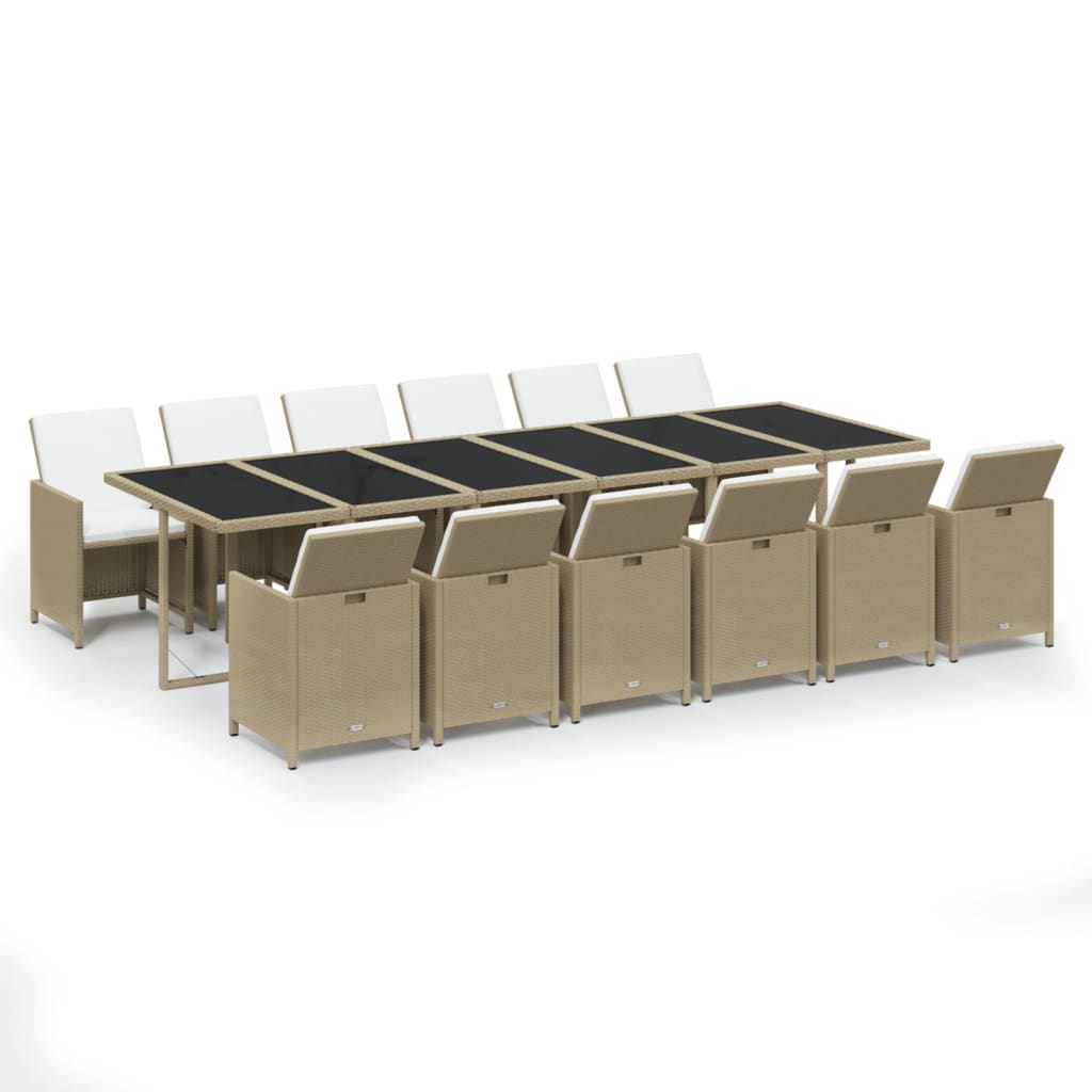 13-tlg. Garten-Essgruppe mit Kissen Poly Rattan Beige