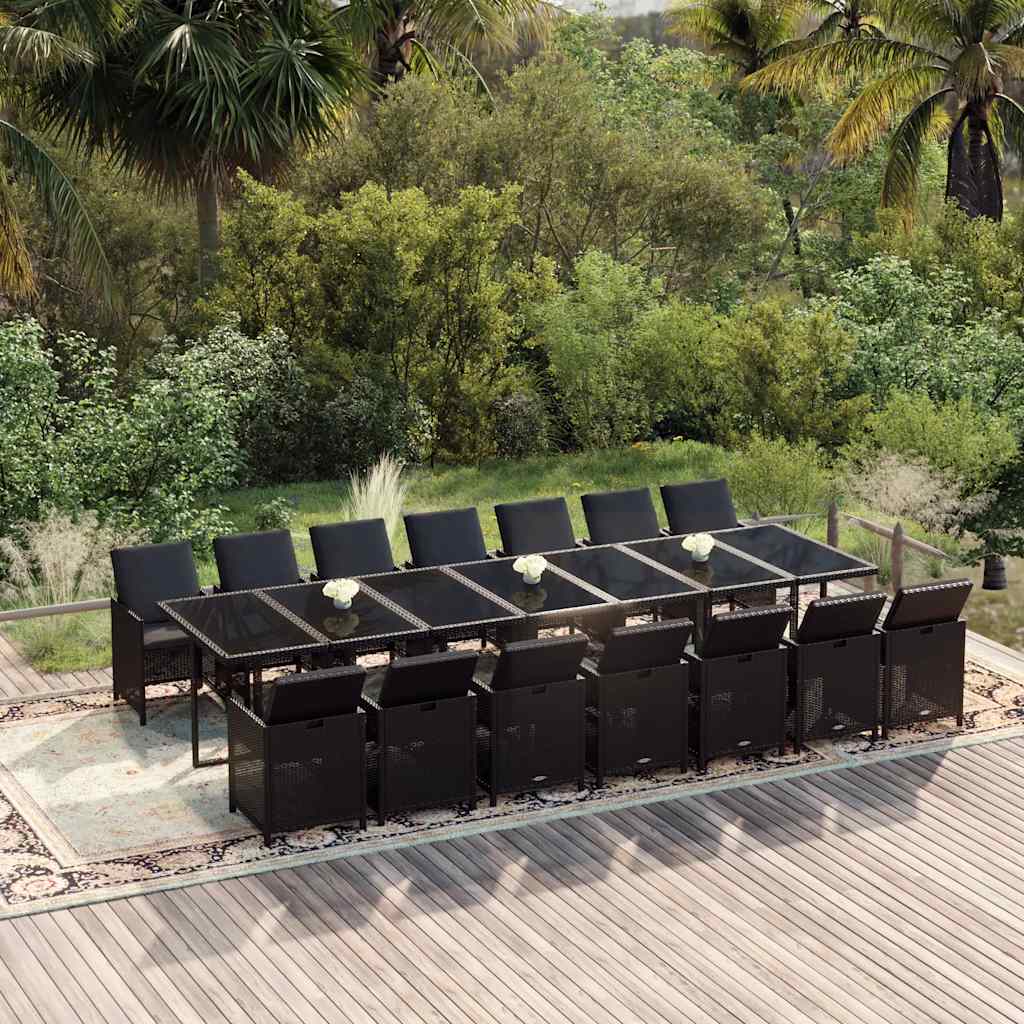 15-tlg. Garten-Essgruppe mit Kissen Poly Rattan Schwarz