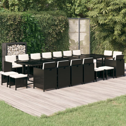 19-tlg. Garten-Essgruppe mit Kissen Poly Rattan Schwarz