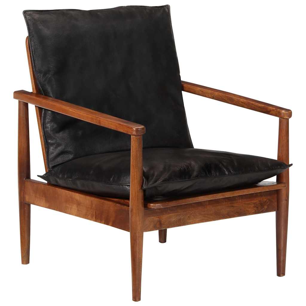 Sessel Schwarz Echtleder und Massivholz Akazie