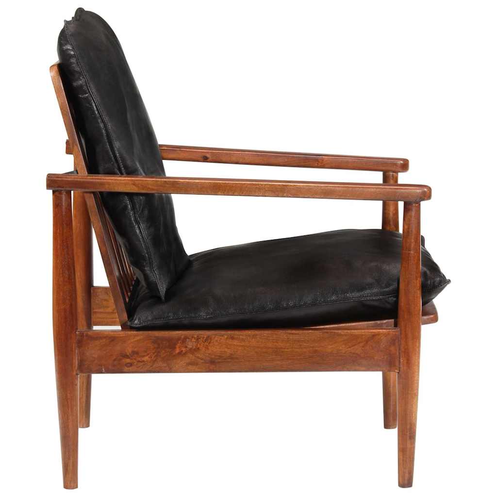 Sessel Schwarz Echtleder und Massivholz Akazie