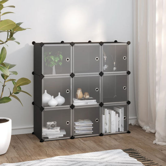 Système d'étagères avec 9 cubes et portes en PP noir