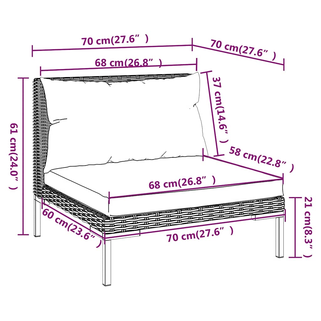 Canapés de jardin 3 pièces avec coussins en polyrotin semi-circulaire