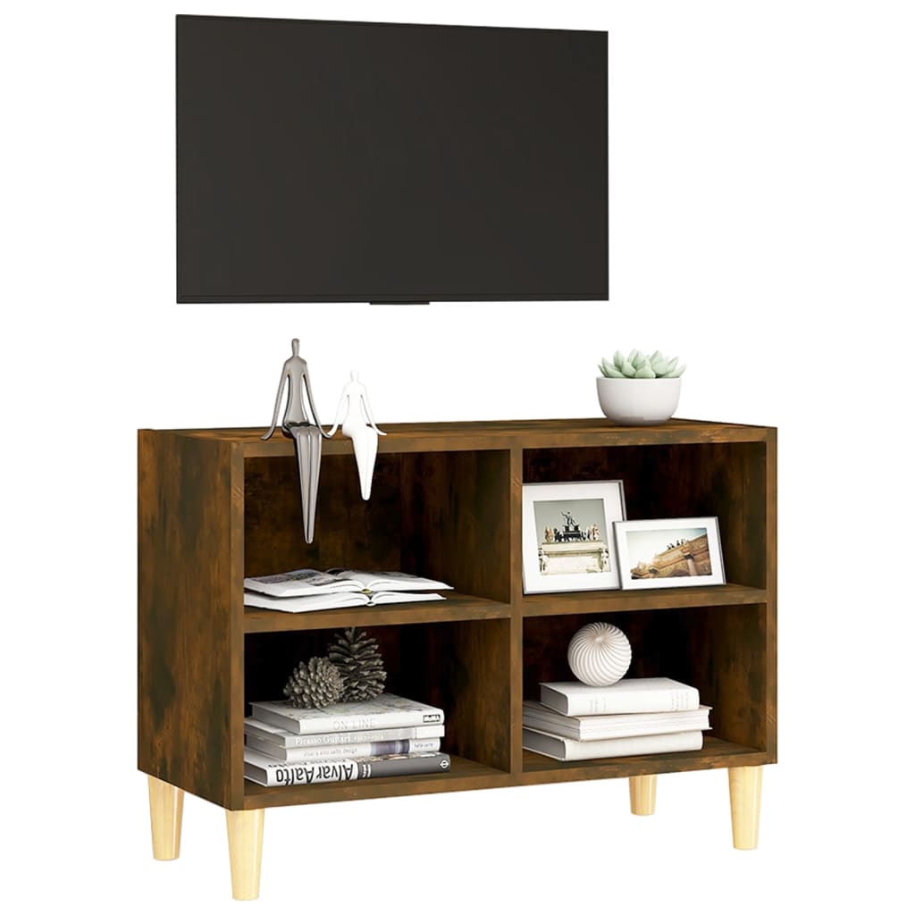 Meuble TV avec pieds en bois massif chêne fumé 69,5x30x50 cm