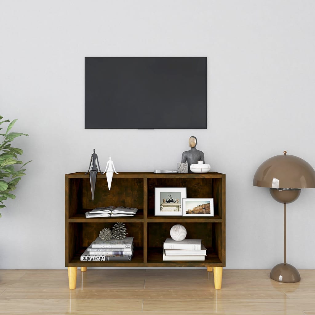 Meuble TV avec pieds en bois massif chêne fumé 69,5x30x50 cm