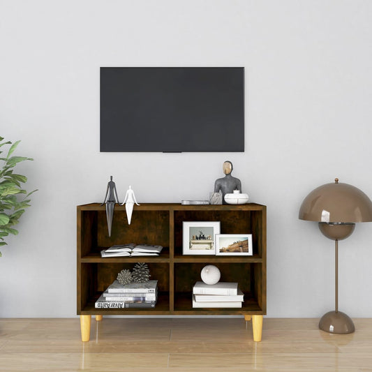 Meuble TV avec pieds en bois massif chêne fumé 69,5x30x50 cm