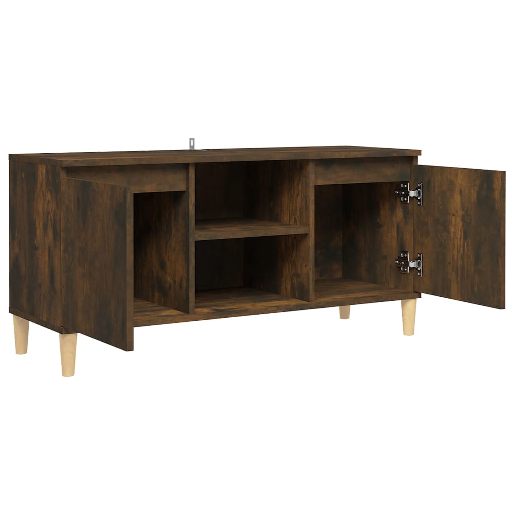 Meuble TV avec pieds en bois massif chêne fumé 103,5x35x50 cm