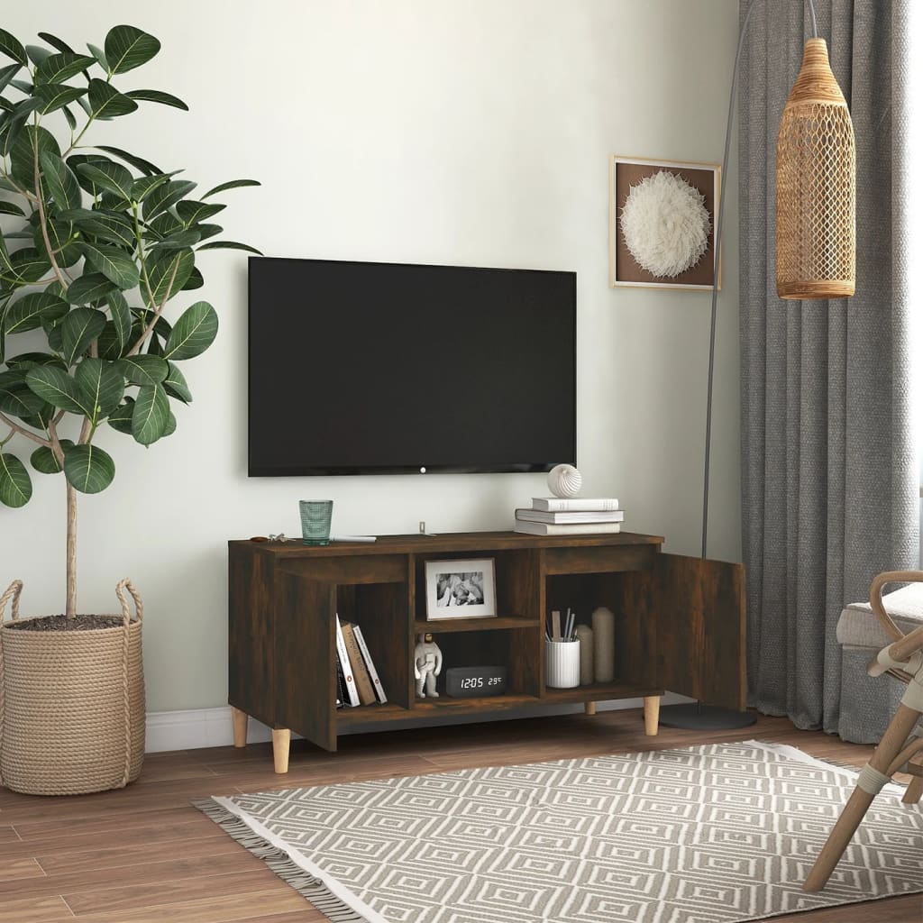 Meuble TV avec pieds en bois massif chêne fumé 103,5x35x50 cm