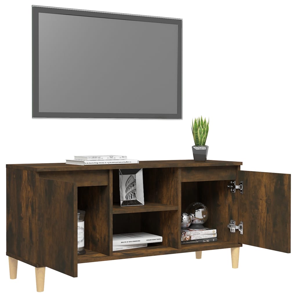 Meuble TV avec pieds en bois massif chêne fumé 103,5x35x50 cm