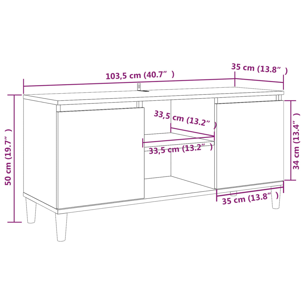 Meuble TV avec pieds en bois massif chêne fumé 103,5x35x50 cm