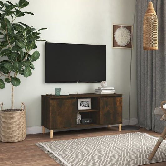 Meuble TV avec pieds en bois massif chêne fumé 103,5x35x50 cm