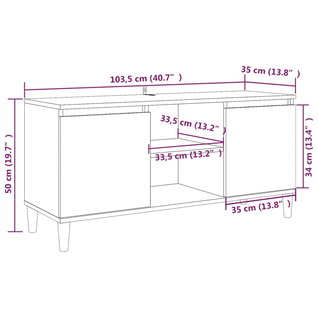 Meuble TV avec pieds en bois massif Gris Sonoma 103,5x35x50 cm