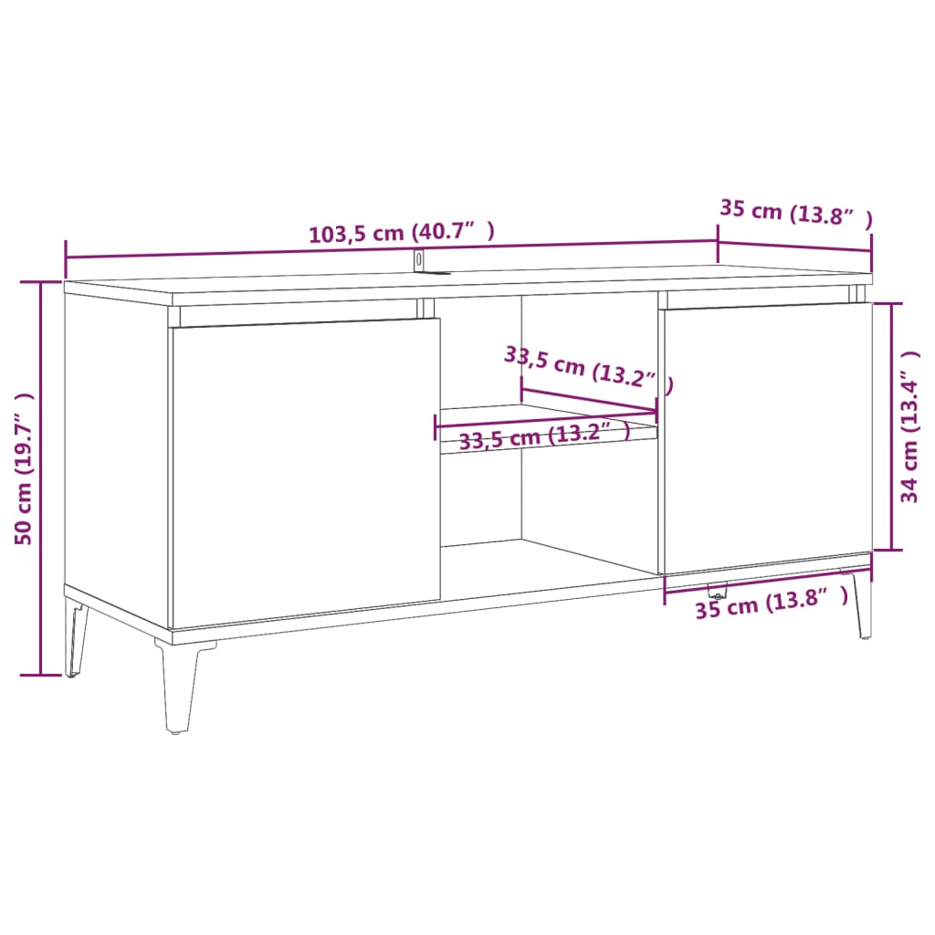Meuble TV avec pieds en métal Gris Sonoma 103,5x35x50 cm