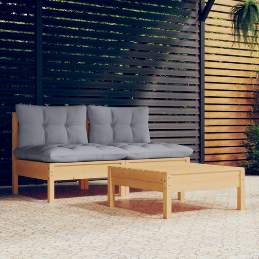 3-tlg. Garten-Lounge-Set mit Grauen Kissen Kiefernholz