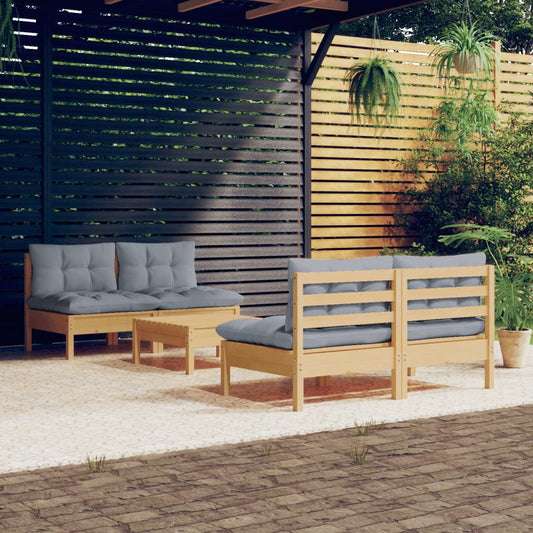 5-tlg. Garten-Lounge-Set mit Grauen Kissen Kiefernholz