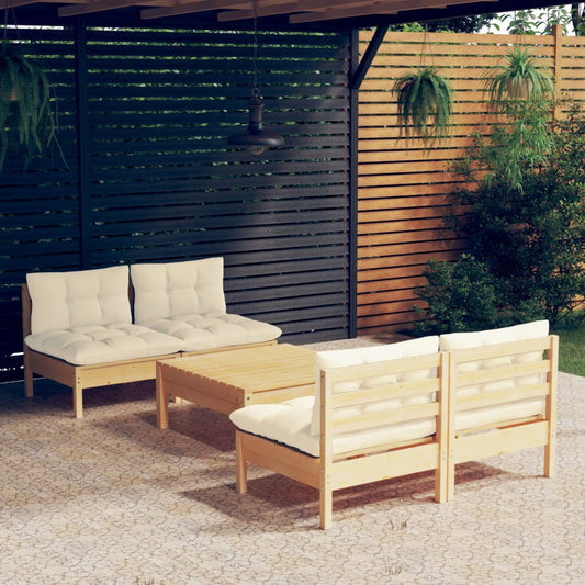 5-tlg. Garten-Lounge-Set mit Creme Kissen Kiefernholz