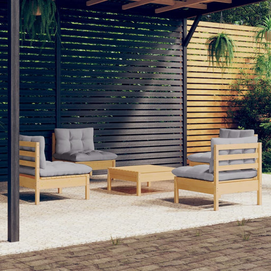 5-tlg. Garten-Lounge-Set mit Grauen Kissen Kiefernholz