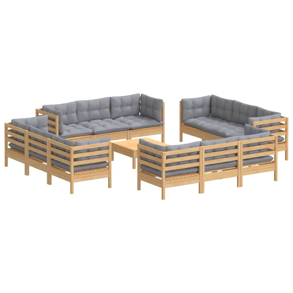 13-tlg. Garten-Lounge-Set mit Grauen Kissen Kiefernholz