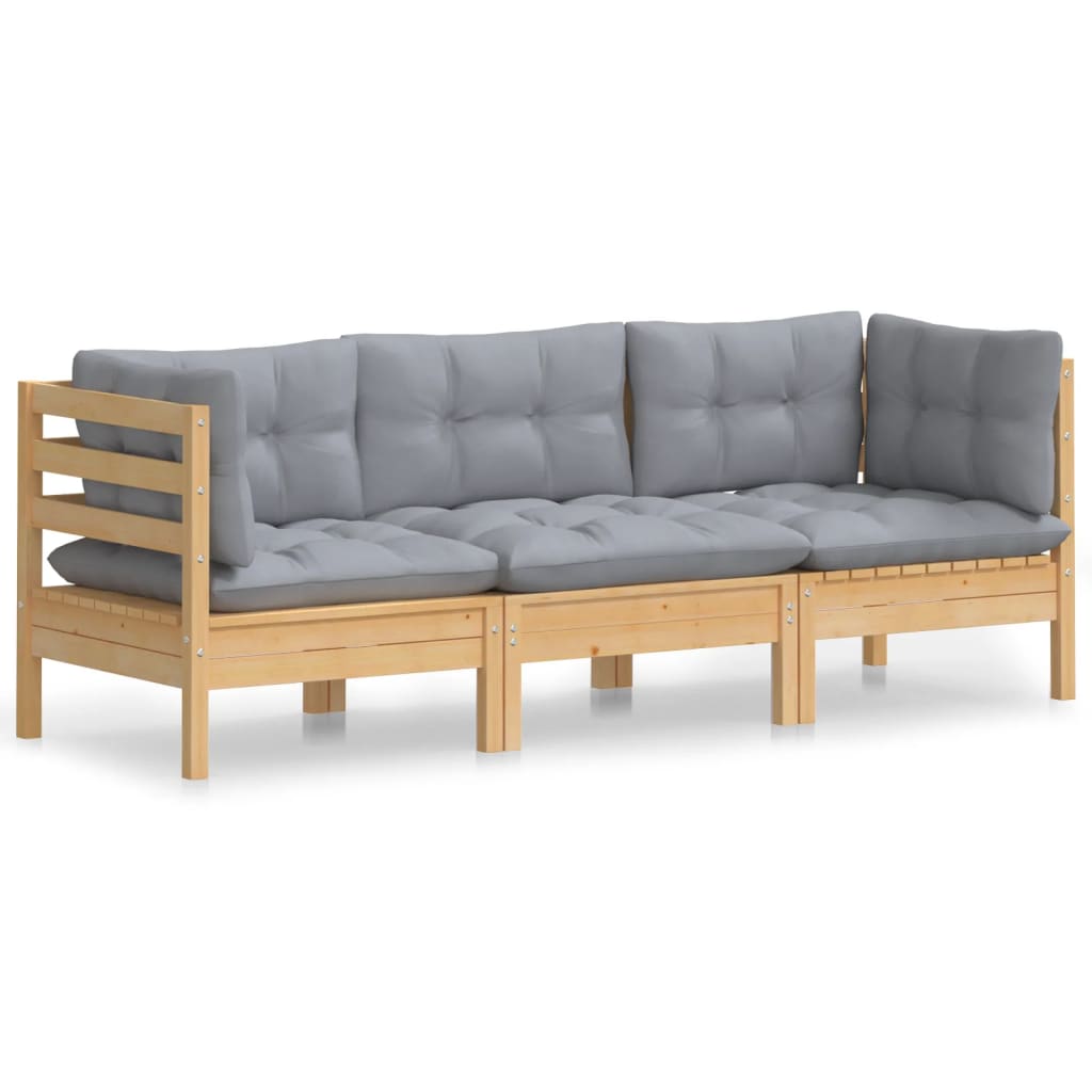 3-Sitzer-Gartensofa mit Grauen Kissen Massivholz Kiefer