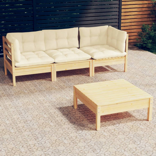 4-tlg. Garten-Lounge-Set mit Creme Kissen Kiefernholz