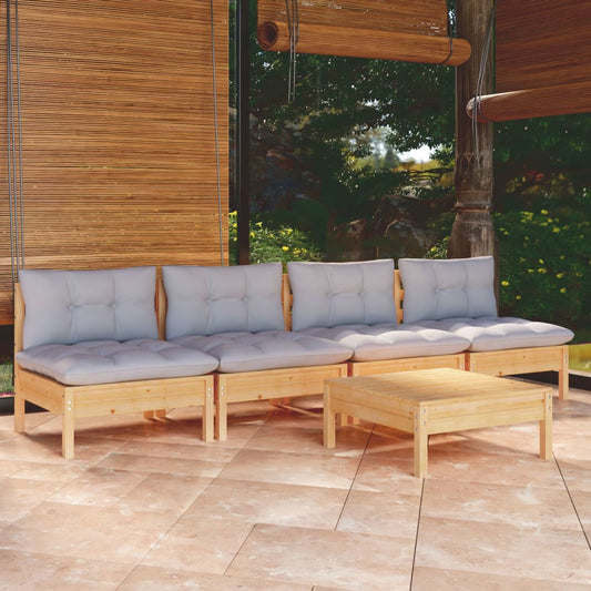 5-tlg. Garten-Lounge-Set mit Grauen Kissen Kiefernholz