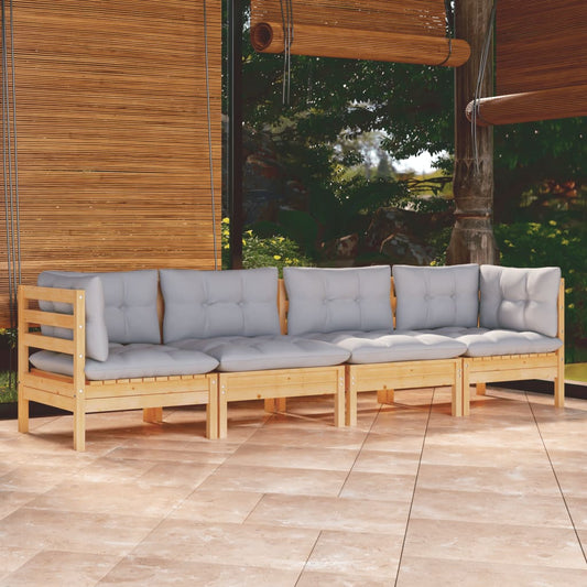4-tlg. Garten-Lounge-Set mit Grauen Kissen Kiefer Massivholz