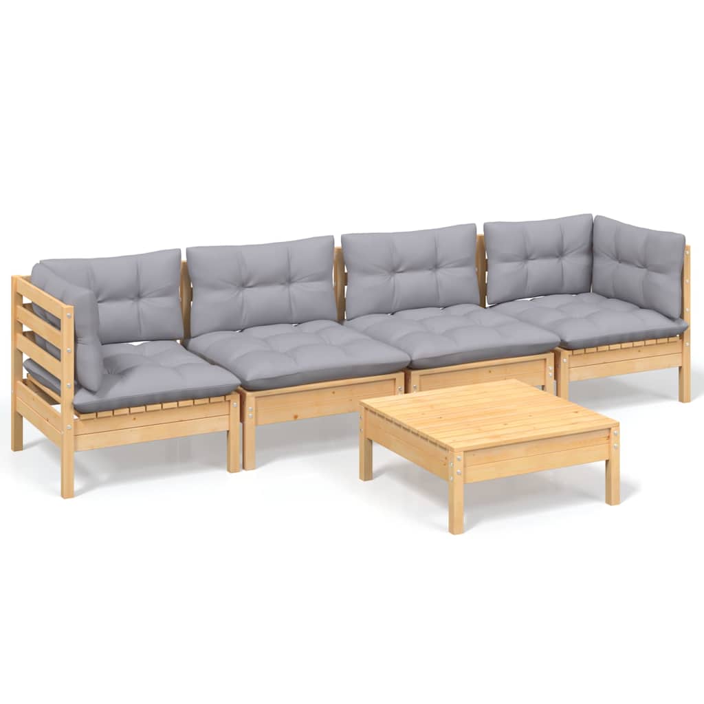 5-tlg. Garten-Lounge-Set mit Grauen Kissen Kiefer Massivholz