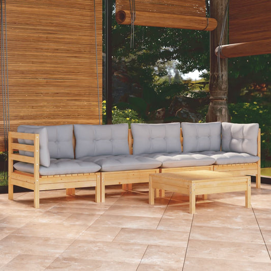 5-tlg. Garten-Lounge-Set mit Grauen Kissen Kiefer Massivholz