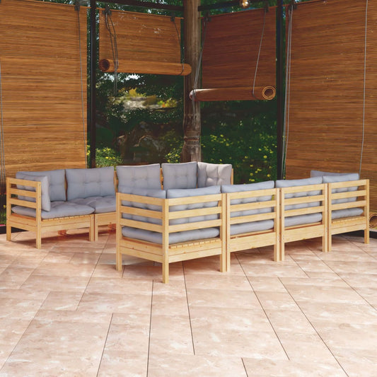 9-tlg. Garten-Lounge-Set mit Grauen Kissen Kiefer Massivholz
