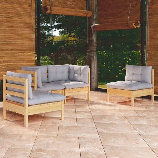 4-tlg. Garten-Lounge-Set mit Grauen Kissen Kiefer Massivholz
