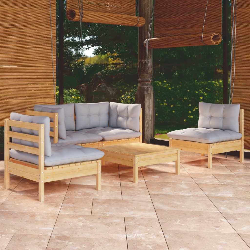 5-tlg. Garten-Lounge-Set mit Grauen Kissen Kiefer Massivholz