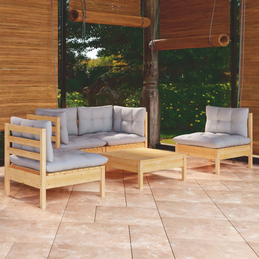 5-tlg. Garten-Lounge-Set mit Grauen Kissen Kiefer Massivholz